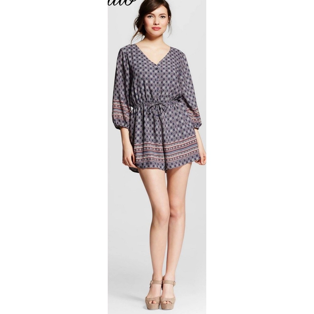 Francescas Miami V Neck Elastic Waist 3/4 Sleeve Romper‎ Dress Blue Medium